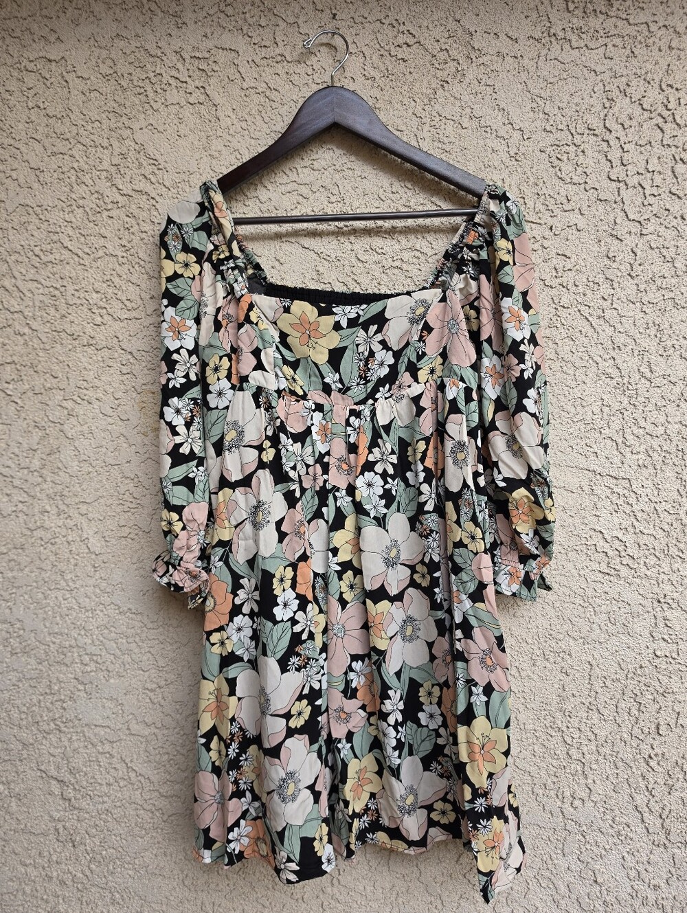 Sweet Lemon Boho Floral Mini Dress 3/4 Sleeve Front Pockets NWT